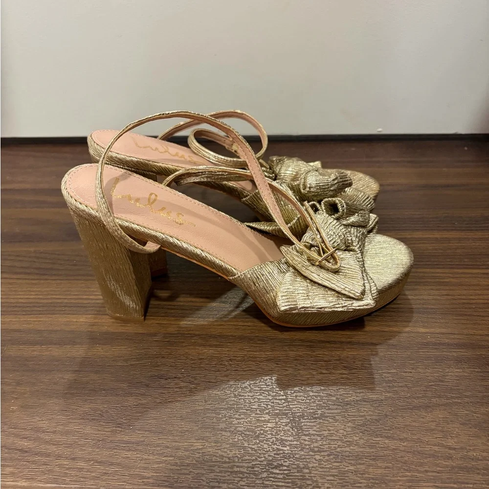 Lulus Lilsa Gold Metallic Bow Platform Ankle Strap Heels - Picture 3 of 6